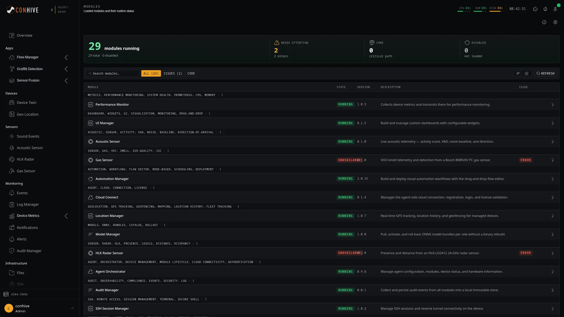 Modules table view